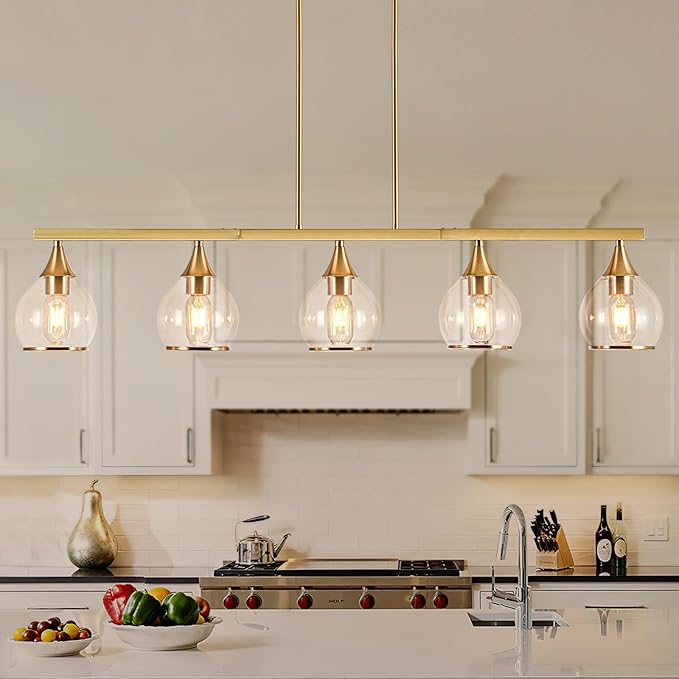 Island Light for Kitchen, 5-Light Gold Kitchen Island Linear Hanging Light Chandeliers, Brushed Gold Dining Room Light Fixture Over Table with Clear Round Glass Shades