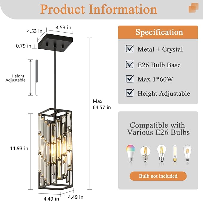 Black Pendant Lights Kitchen Island, Adjustable Modern Pendant Light Fixtures 1 Pack, Mini Crystal Chandeliers for Dining Room Bedroom Foyer Hallway