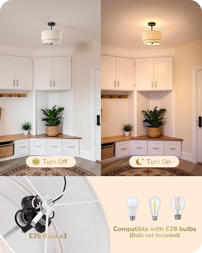 EDISHINE 12.6" Semi Flush Mount Ceiling Light, 3-Light Close to Ceiling Light Fixtures with Double Drum Linen Fabric Shade, Hallway Lights Fixtures for Living Room Entryway Kitchen, Matte Black