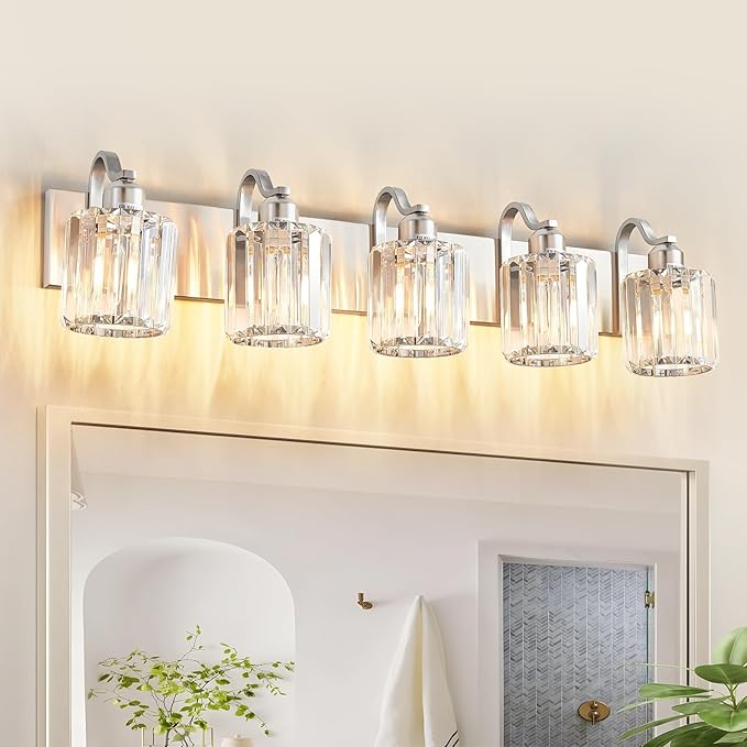 Modern Crystal Bathroom Vanity Light 5 Light Brushed Nickel Vanity Lighting Over Mirror Bathroom Wall Lighting Fixtures with Round Shade (Exclude Bulb)