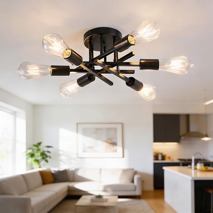 6-Light Semi Flush Mount Ceiling Light Fixture, Modern Black Sputnik Chandelier Lighting for Dining Room, Kitchen, Bedroom, Living Room, Farmhouse Industrial Ceiling Light with E26 Sockets