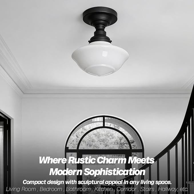 Modern Schoolhouse Semi Flush Mount Ceiling Light with Milk White Glass Lampshade, Industrial Close to Ceiling Light Fixture for Farmhouse Bedroom Hallway Entryway