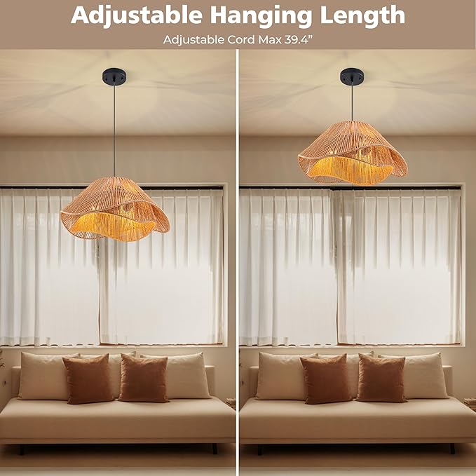 LumStory 19.7” Rattan Pendant Light Fixture Boho Farmhouse Woven Rattan Chandelier for Dining Room, 3-Light Large Bohemian Rustic Wicker Ceiling Hanging Lamp Over Table for Kitchen Island, Living Room