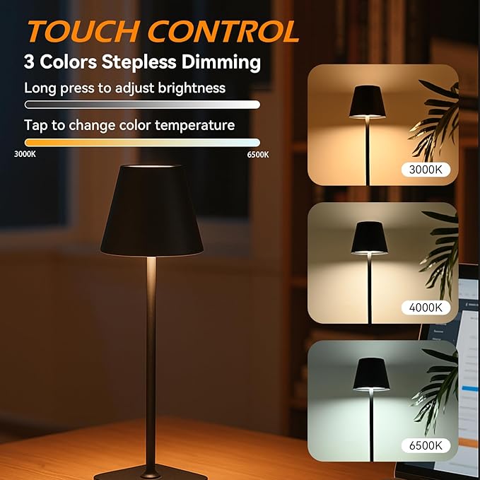 2 Pack Cordless Table Lamps Rechargeable, Battery Operated Touch Dimmable LED Lamp with 3 Color Temperatures, Adjustable Height Wireless Table Lamp for Restaurant, Bar, Bedroom