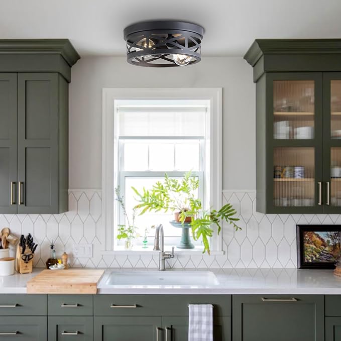 2 Pack Black Farmhouse Flush Mount Ceiling Light,2-Light Rustic Hallway Light Fixtures,Industrial Lighting Fixtures Ceiling Mount for Kitchen Hall Entry Bedroom Closet