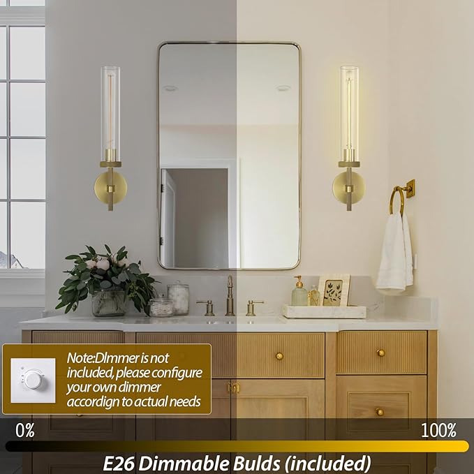 Brass Knurled Wall Sconce 20", Bathroom Wall Sconce Set of Two,Glass Tube Brass Sconces Wall Lighting,Bathroom Sconces Side of Mirror,Vanity Sconce Lights for Bath,Including E26 Light Bulbs