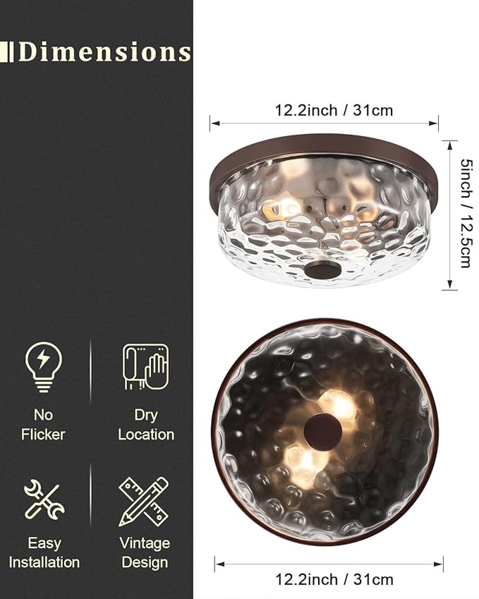 12 Inch Farmhouse Flush Mount Ceiling Light, 2 Light Industrial Close to Ceiling Light, Industrial Ceiling Lighting Fixture for Kitchen Hallway Bedroom Living Room (12.2 Inch Oil Rubbed Bronze)