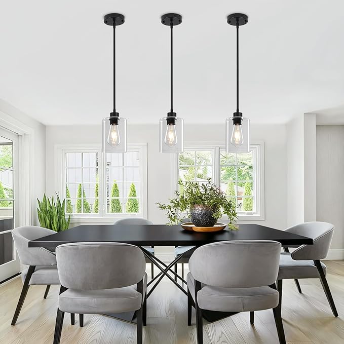 2 Pack Black Pendant Lights Kitchen Island, Modern Glass Pendant Lighting Over Island Kitchen Hanging Dining Room Light Fixtures Adjustable Pendant Lights for Bathroom Hallway Entryway Bedroom