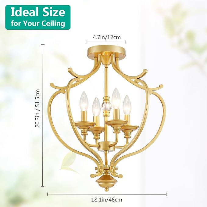 Modern 4-Light Vintage Antique Candle Ceiling Light, Light Fixture for Dining Room, Living Room, Bedroom, Gold Frame, Farmhouse Style, Maria Theresa Design, E12 Socket, D18*H20 inch