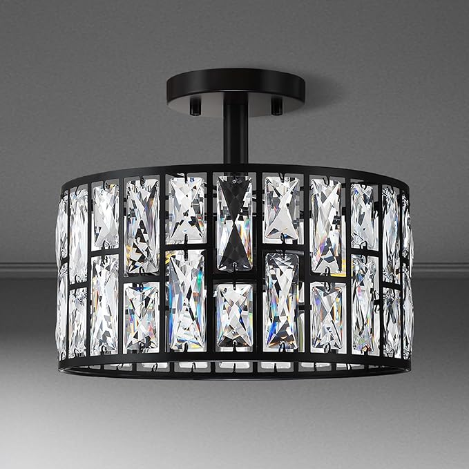 3 Light 12" Crystal Hanging Kitchen Island Ceiling Light Black Finish,Concise Pendant Fixture Crystal Metal Pendant Chandelier Lamp Shade for Bar,Dining Room,Living Room Over Sink