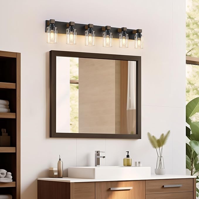 Farmhouse Bathroom Vanity Light Fixtures, Rustic 6-Light Wood Vanity Lights for Bathroom, Vintage Black Wall Sconces Lighting, Light fixtures Over Mirror, with Glass Shade