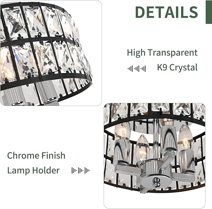 Black Chrome Crystal Ceiling Light, 4-Light 11.2 Inch Modern Flush Mount Chandelier, Crystal Flush Mount Ceiling Light Fixture for Bedroom, Kitchen, Bathroom, Hallway, Dining Room, Entryway