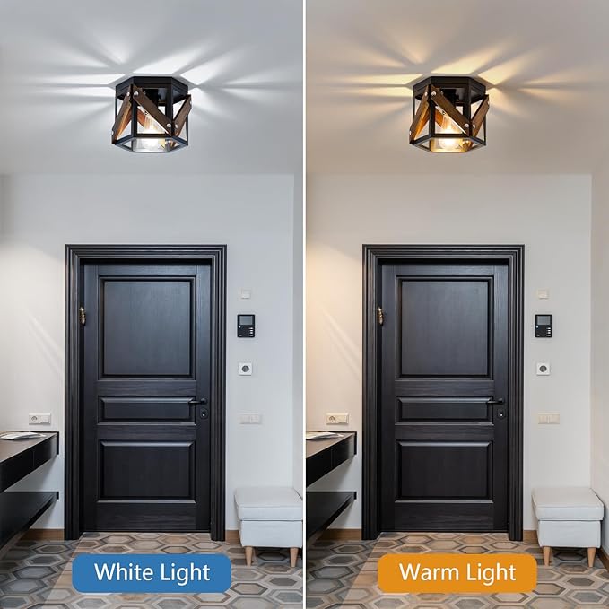 2 Pack Farmhouse Flush Mount Ceiling Light, Rustic Hallway Light Fixtures Ceiling, Vintage Black Lighting Fixtures with Metal and Wood Cage, Small Chandelier for Kitchen Sink Entryway Bathroom
