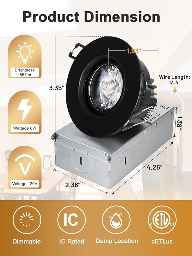 POPANU Canless Recessed Gimbal Downlight Rotatable-Spotlight 5 CCT 3 Inch Eyeball Ceilling Potlight, Dimmable Recessed Lights Fixture with Junction Box, 8W CCT Adjustable, Black Round Trim, 6 Pack
