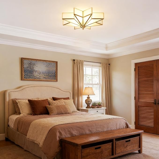 Star Glass Ceiling Light with Ceramic Light Socket Brass Flush Mount Ceiling Light Fixture with Frosted Glass Shade Mid Century Moravian Star Light for Bedroom Foyer Living Room (19.7")