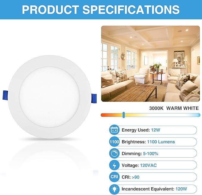 ECOELER 6 Inch LED Recessed Lighting with Junction Box, 12W 1100Lm 3000K Warm White, Dimmable LED Ceiling Light, High Brightness Canless Lights, ETL & FCC Listed
