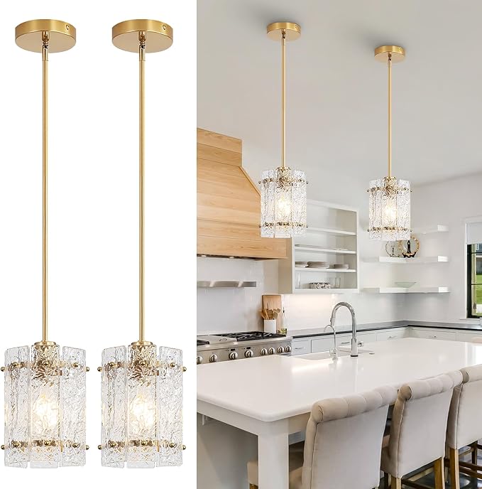 Gold Pendant Lights Kitchen Island, Water Ripple Round Pendant Lights Adjustable Modern Hanging Pendant Light Fixtures for Kitchen Island Dining Room Above Sink Foyer Entryway 2 Pack