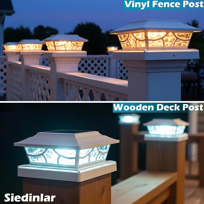 SIEDiNLAR Solar Post Lights Outdoor 4 Modes Deck Fence Post Cap Light for 4x4 5x5 6x6 Wooden Vinyl Posts Patio Garden Decor, Warm White & Cool White Dynamic Lighting White (2 Pack)