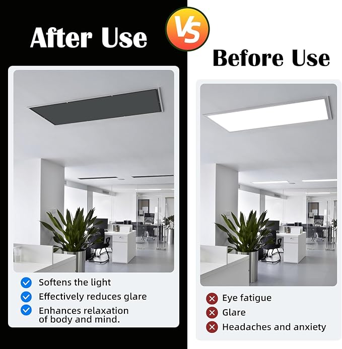 2 Pcs Fluorescent Light Covers - 4 x 2 Feet Covers for Ceiling Lights, Magnetic Light Filters for Classroom, Office, Hospitals, Home (Black)