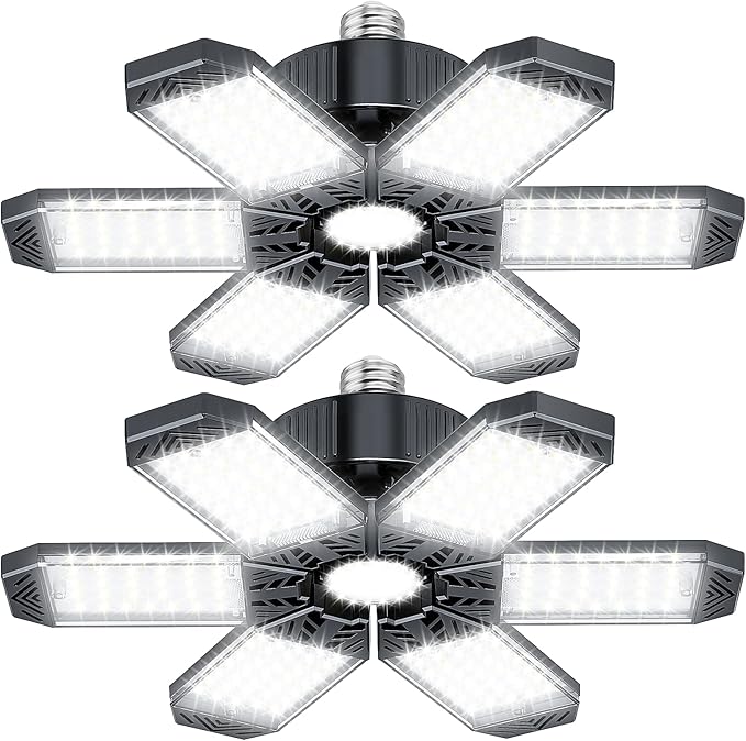 Garage Light 2 Pack - 200W 20000LM Garage Lights Ceiling LED 6500K with 6+1 Deformable Panels, Screw in E26/E27 Bulb Socket LED Shop Lights for Workshop Barn Basement Gym Bay Lighting