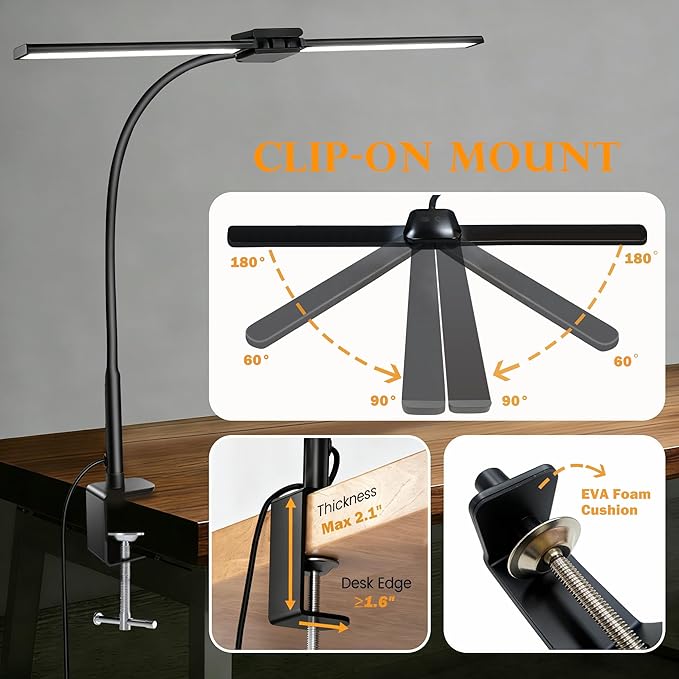 LED Desk Lamp for Home Office, Double Head Computer Monitor Light with Clamp, 5 Color Modes and 3 Brightness Levels, Long Flexible Goose-Neck, USB Eye-Caring Clip on Lights for Reading, Black