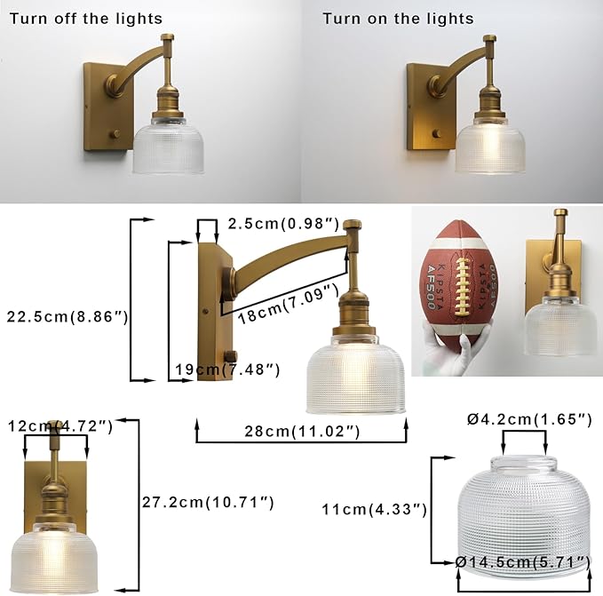 Yosoan Vintage Indoor Wall Sconce with On Off Switch, 1-Light Hardwired Vanity Industrial Boho Retro Modern Wall Mounted Bowl Texture Striped Glass Shade for Living Room Bedroom Bedroom(Antique)