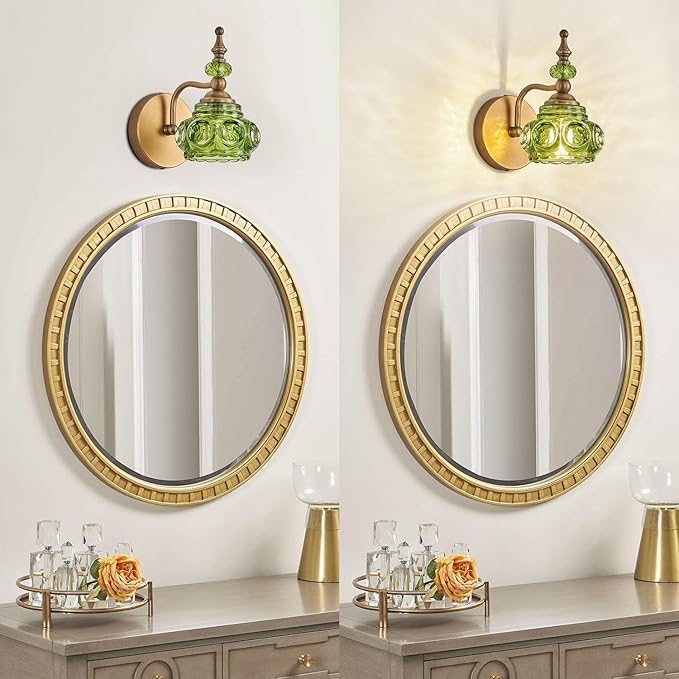 Vintage Wall Sconces Bathroom Vanity Lighting Fixtures Beautiful Wall Light with Green Glass Lampshade for Bedside Bedroom Doorway Bathroom