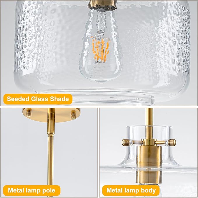 WILON Glass Pendant Lights Kitchen Island, 9.84'' Brass Gold Pendant Lighting Fixtures, Modern Hanging Ceiling Light with Clear Hammered Glass Shade for Farmhouse Dining Room Bedroom Hallway(Brass)