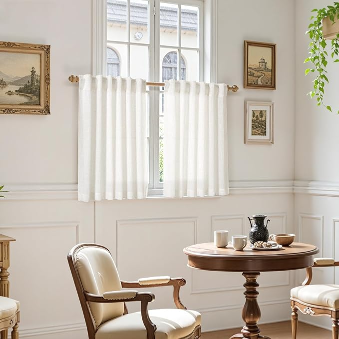 Nanspring Beige White Linen Curtains 36 Inch Length for Kitchen Window Cafe Curtain Privacy Semi Sheer Front Door Small Window Curtain Back Tab Rod Pocket for Bathroom Basement 26 X 36, 2 Panels