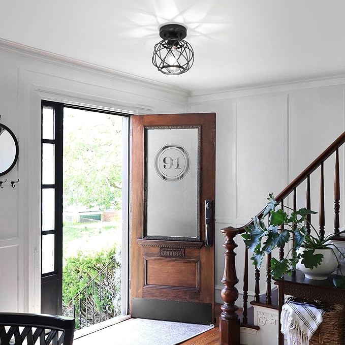 Hallway Light Fixtures Ceiling,Semi Flush Mount Ceiling Lights Fixtures Black Metal Cage Indoor Industrial Ceiling Lights Modern Crystal Ceiling Light Fixture for Porch Entryway Foyer Bathroom