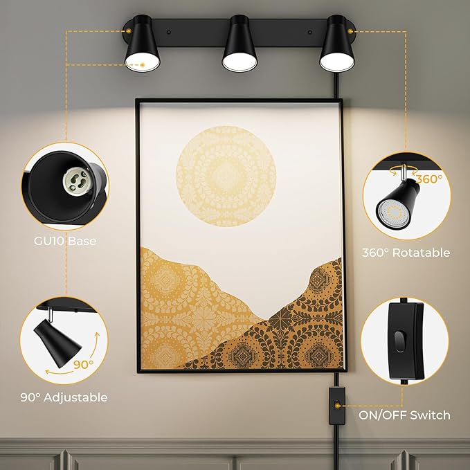 HURYEE Plug in Track Lighting, 3 Light Track Lighting Fixture, White Modern Ceiling Spotlight, Flexibly Rotatable Complete Light Kits for Kitchen Cabinet Living Room（Bulbs Not Included） (Black)