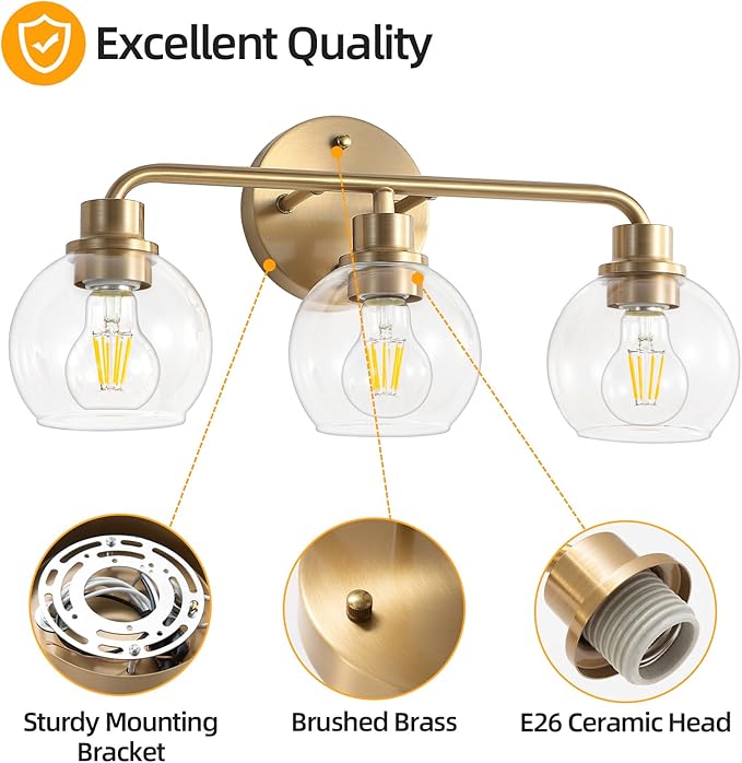 Bathroom Light Fixtures Gold Vanity Light 3 Light Wall Sconces Lighting Brushed Brass Lights with Clear Globe Glass Shades Bath Wall Lamp for Mirror Kitchen Living Room Bedroom Hallway