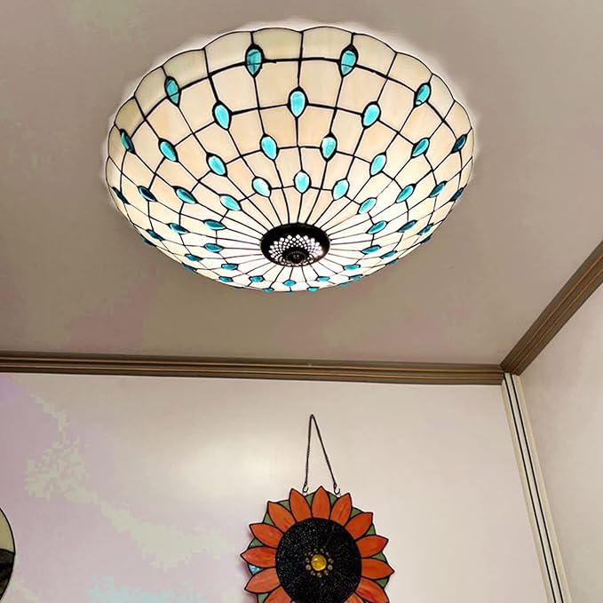 Tiffany Flush Mounts Ceiling Lights,Peacock Blue Crystal Beads Stained Glass Lampshade Ceiling Lamp for Kitchen Dining Room Livingroom Bedroom Ceiling Chandeliers Pendant Light,Blue,21in