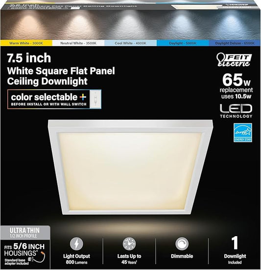 Feit Electric 7.5 Inch LED Square Ceiling Light, Dimmable Flat Panel Light with Color Selection (5CCT), Fits 5/6 Inch Recessed Cans, TP24 Adapter Included (7.6"x 7.6"x 1.3"), 4 Pack, 74208/6WYCA/4