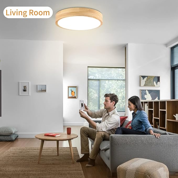 Led Ceiling Light Flush Mount: 12 Inch 24W Wood Bedroom Light Fixture with Round Modern Flat Overhead Minimalist Ceiling Lamps for Kitchen Hallway Laundry Natural White 4500K, Not Dimmable Set of 2