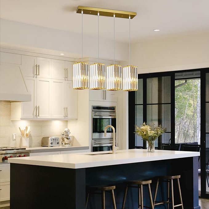 Modern Pendant Light Gold Rectangle Pendant Lighting Mini Crystal Chandeliers Adjustable Pendant Light Fixture for Kitchen Island Dinning Room Living Room Corridor Bedroom(Gold 4-Light)