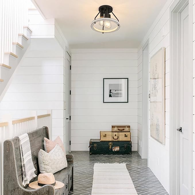 Rustic Flush Mount Ceiling Light Fixture with Oak White Wood Circle Shade Farmhouse Mini Semi Ceiling Lamps for Hallway Entryway Kitchen Closet 3-Light