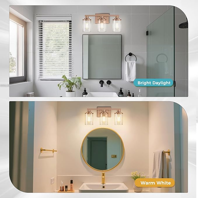 DORESshop 17 Inch Bathroom Light Fixtures, 3-Light Antique Patina Bathroom Lighting Fixtures Over Mirror with Clear Glass Shade, Vanity Lights for Living Room Bedroom