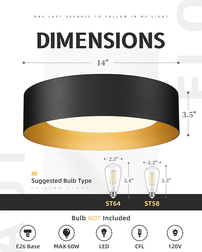 AUTELO Flush Mount Ceiling Light, 14" Frosted Glass Shade Close to Ceiling Light Fixture in Black Finish E26 Socket for Living Room Hallway Bedroom C3336XS BK
