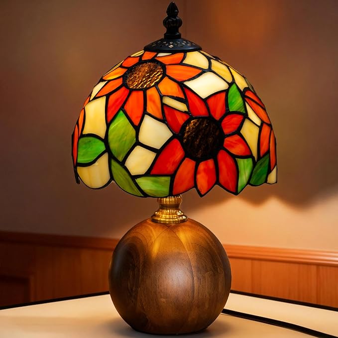 12.2" Handcrafted Sunflower Tiffany Lamp, Solid Wood Sphere Base, Stepless Dimmable Bedside Lamp for Reading Nook, Library & Mid-Century Decor, Aesthetic Antique Art Gifts, G45 LED Bulb Included