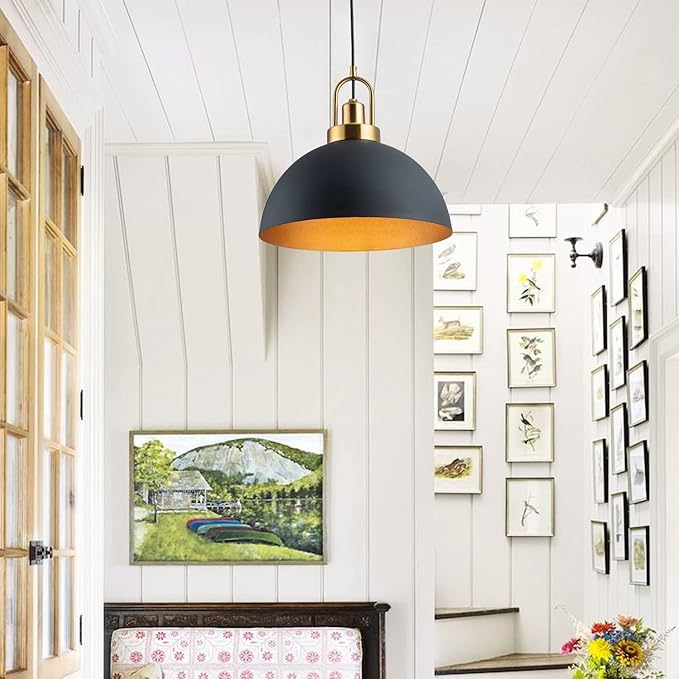 Vintage Pendant Light 13.58 "Industrial Pendant Light Dome Black and Gold line Length 78.74" for Kitchen Island, Dining Room, Bedroom,Farmhouse Pendant Lighting