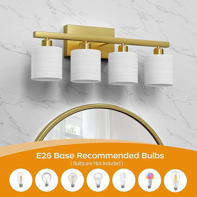 PARTPHONER Bathroom Light Fixtures, Bathroom Lighting Fixtures Over Mirror, Interior Classic Vanity Lights, Modern Vanity Light with Textured White Glass Shade, Brushed Gold, 4-Light