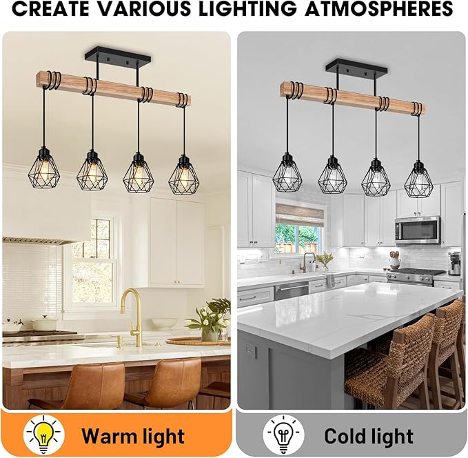 4-Lights Farmhouse Wood Kitchen Island Lighting, 23.6'' Dining Room Light Fixtures Chandelier Over Table, Rustic Black Cage Pendant Lights Ceiling Hanging for Pool Table, Living Room, Hallway