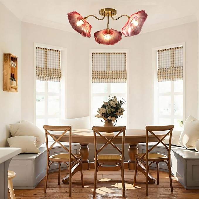 Pink Flower Chandelier 3-Lights Mid Century Modern Ceiling Light Glass Close to Ceiling Light Fixtures Sputnik Flush Mount Chandeliers Gold Brass Chandelier for Dining Living Room