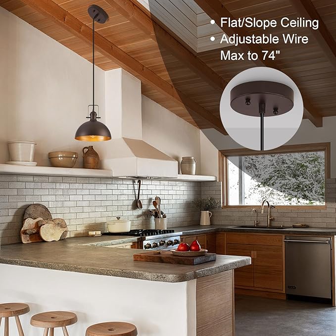 12 Inch Pendant Lights for Kitchen Island Matte ORB Farmhouse Pendant Light fixtures Adjustable Height Dome Hanging Light for Dinning Room Bedroom Hallway,2 Packs