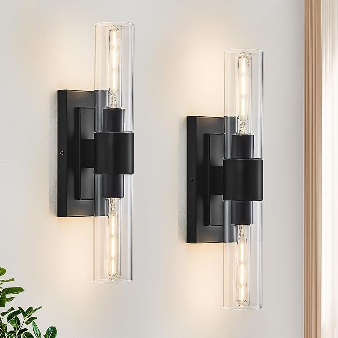 Black Wall Sconces Set of Two,Modern Bathroom Light Fixtures,2-Light Sconces Wall Lighting with Thickened Tempered Clear Glass,19 in Indoor Hardwired Wall Lights for Bedroom,Mirror, E26 Base