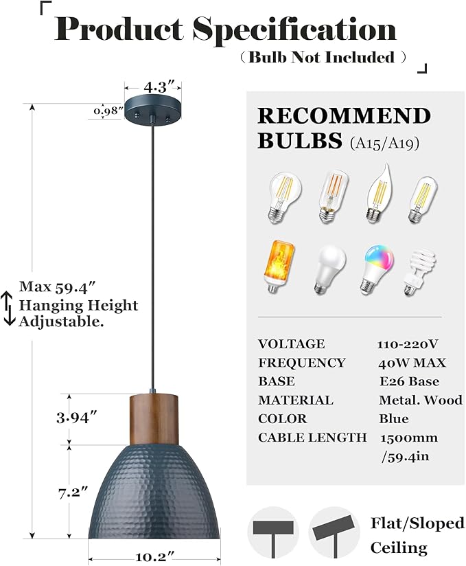 ELYONA 2 Pack Modern Hammered Pendant Lights 10.2” Blue Solid Wood Hanging Lamp, Adjustable Height, Industrial Metal Pendant Lighting for for Farmhouse, Kitchen Island, Dining Room,Bedroom,Bar,Office
