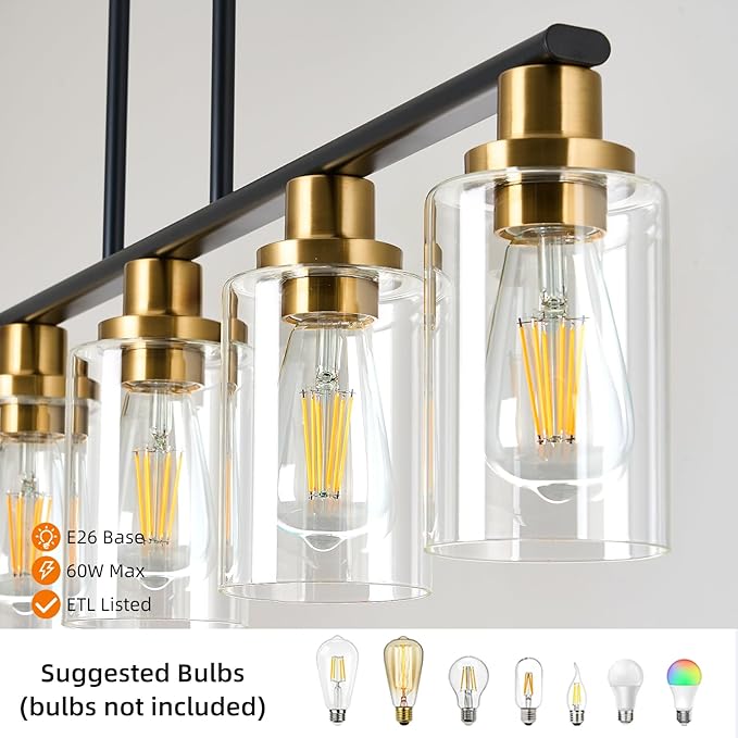Dining Room Light Fixture,5-Light Farmhouse Linear Chandeliers for Dining Room Over Table，Matte Black and Gold Finish Kitchen Island Pendant Lighting for Kitchen Island，Pool Table Light