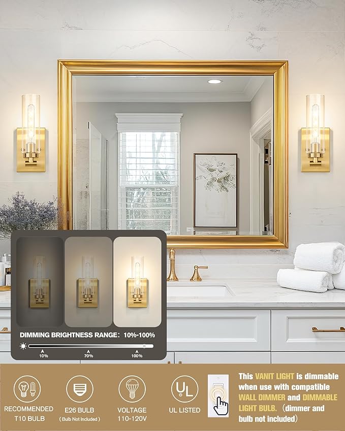 Emak Wall Sconces Set of Two, Modern Brushed Gold Sconce with Clear Glass Shade, Bathroom Lighting Fixtures for Mirror, Living Room, Bedroom, Gallery, WS086-BGD-CG-2PK