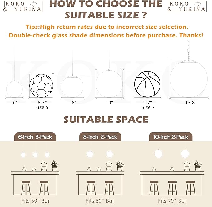 KoKo&Yukina 14 Inch Globe Pendant Light Adjustable White Globe Pendant Lights Kitchen Island Mid Century Light Fixture with Milky White Glass Shade for Living Room